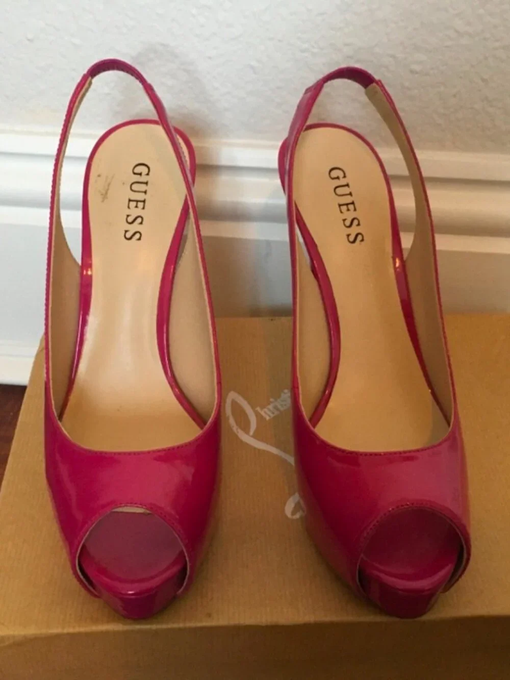 Guess Fuchsia Peep Toe Slingback Platform Pumps - Picture 4 of 5